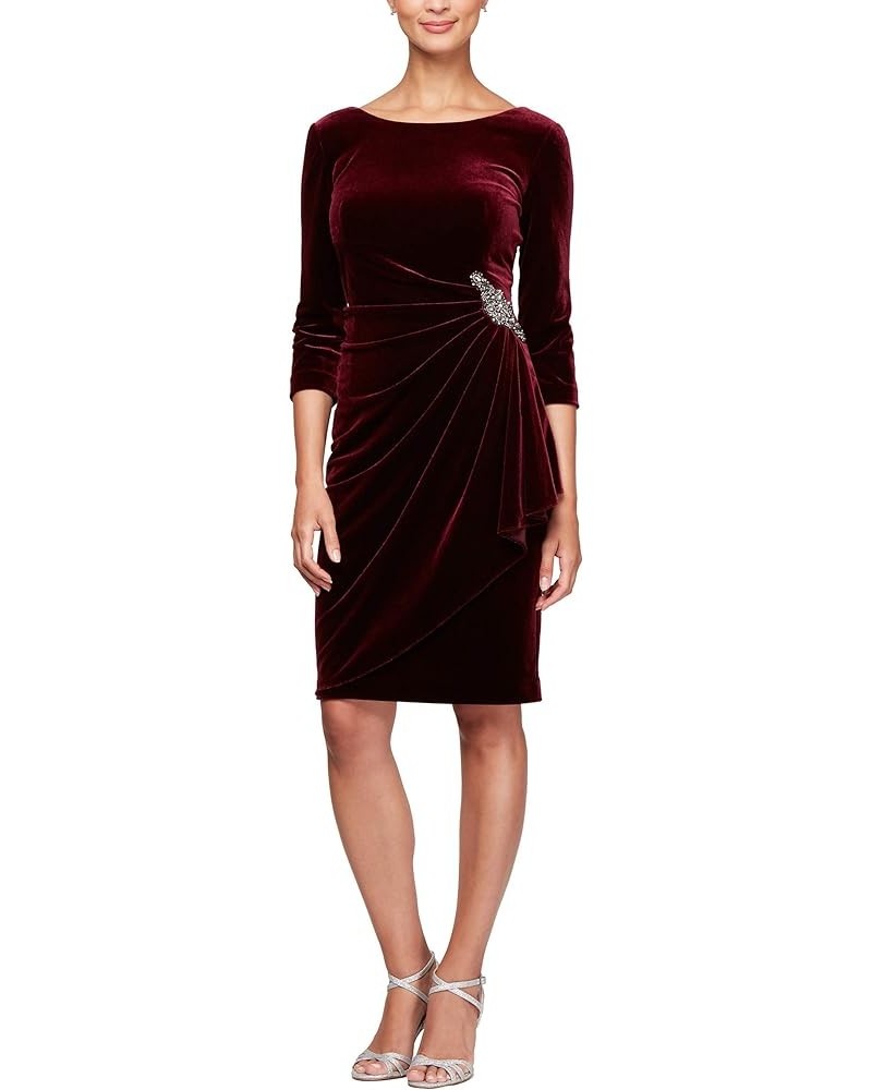 Women's Short Three Quarter Sleeve Velvet Dress (Petite Regular) Wine $51.86 Dresses