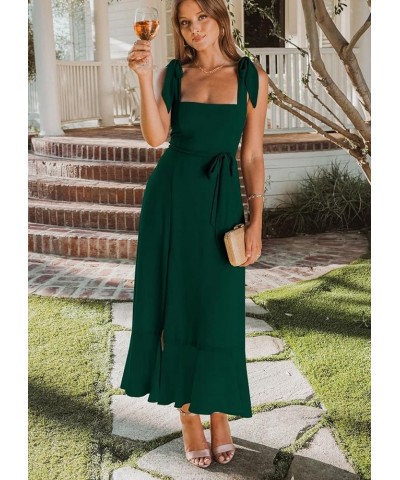 Women's Tie Strap Square Neck Dress Elegant Slit Swing Midi Dresses for Wedding Guest Cocktail Party S-XL Emerald Green $23.5...