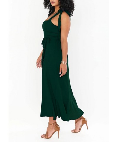 Women's Tie Strap Square Neck Dress Elegant Slit Swing Midi Dresses for Wedding Guest Cocktail Party S-XL Emerald Green $23.5...