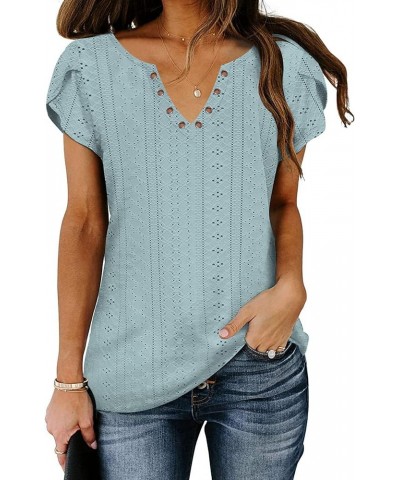 Women's Summer Ruffle Sleeve Tops Eyelet V Neck Casual Tunic Shirts Dressy Blouses A-02-light Blue $14.99 Tops