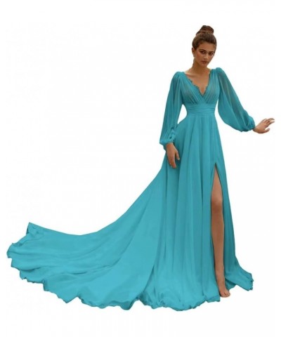 Women’s Chiffon Wedding Dresses for Bride 2024 Long Sleeves Boho Beach Formal Bridal Gowns V Neck Prom Dress Aqua $34.40 Dresses