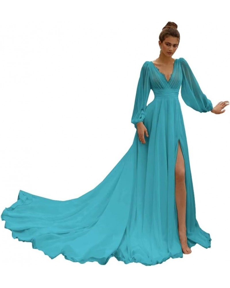 Women’s Chiffon Wedding Dresses for Bride 2024 Long Sleeves Boho Beach Formal Bridal Gowns V Neck Prom Dress Aqua $34.40 Dresses