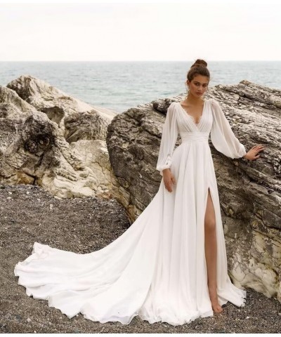 Women’s Chiffon Wedding Dresses for Bride 2024 Long Sleeves Boho Beach Formal Bridal Gowns V Neck Prom Dress Aqua $34.40 Dresses