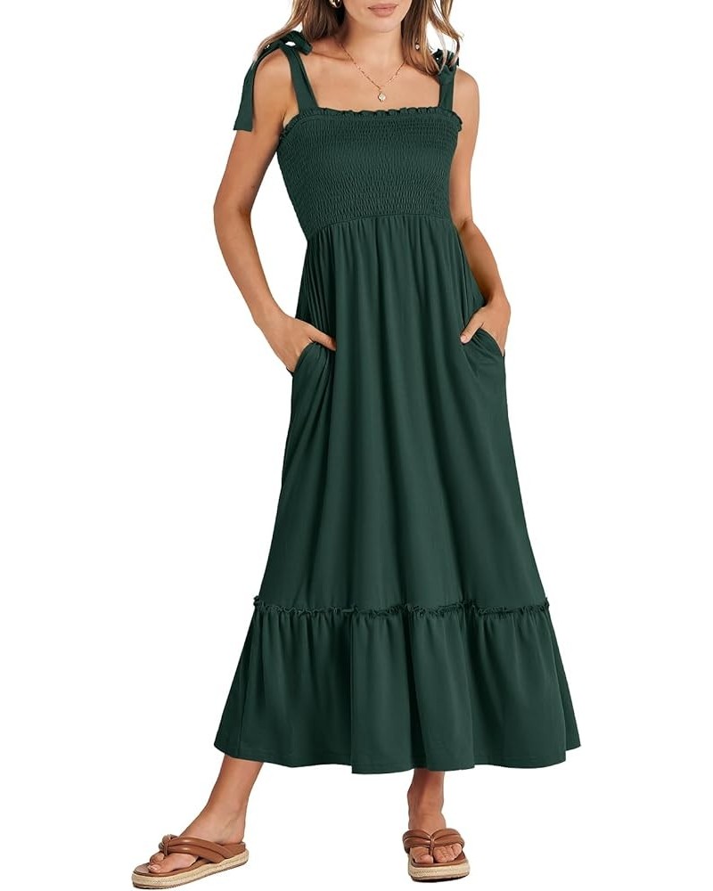 Women's 2024 Summer Casual Spaghetti Strap Square Neck Smocked Flowy A Line Beach Long Maxi Sun Dress Deep Green $14.24 Dresses