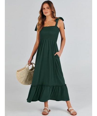 Women's 2024 Summer Casual Spaghetti Strap Square Neck Smocked Flowy A Line Beach Long Maxi Sun Dress Deep Green $14.24 Dresses