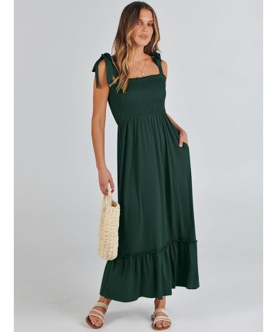 Women's 2024 Summer Casual Spaghetti Strap Square Neck Smocked Flowy A Line Beach Long Maxi Sun Dress Deep Green $14.24 Dresses