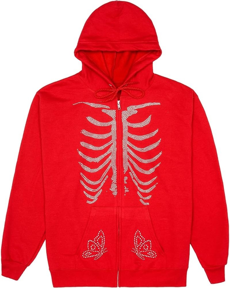 Women Zip Up Hoodie Halloween Skeleton Print Oversized Vintage Sweatshirts with Pocket Aesthetic Jacket Coat I-red $14.26 Hoo...