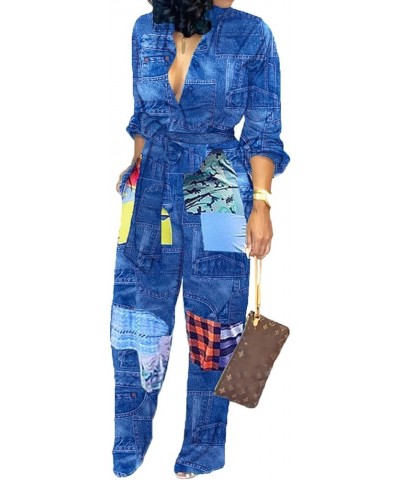 Jumpsuits For Women Elegant Long Sleeve Sexy V Neck Casual Long Wide Leg Pants with Pockets Belt Blue-c $22.78 Jumpsuits