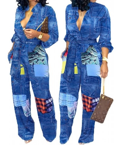 Jumpsuits For Women Elegant Long Sleeve Sexy V Neck Casual Long Wide Leg Pants with Pockets Belt Blue-c $22.78 Jumpsuits