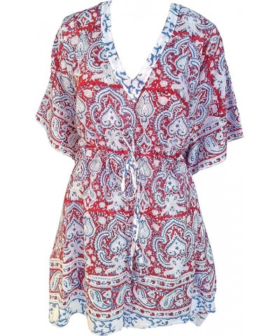 Cotton Hand Block Print Swimsuit Cover-up Beach Caftan Women's Print Red $14.75 Swimsuits