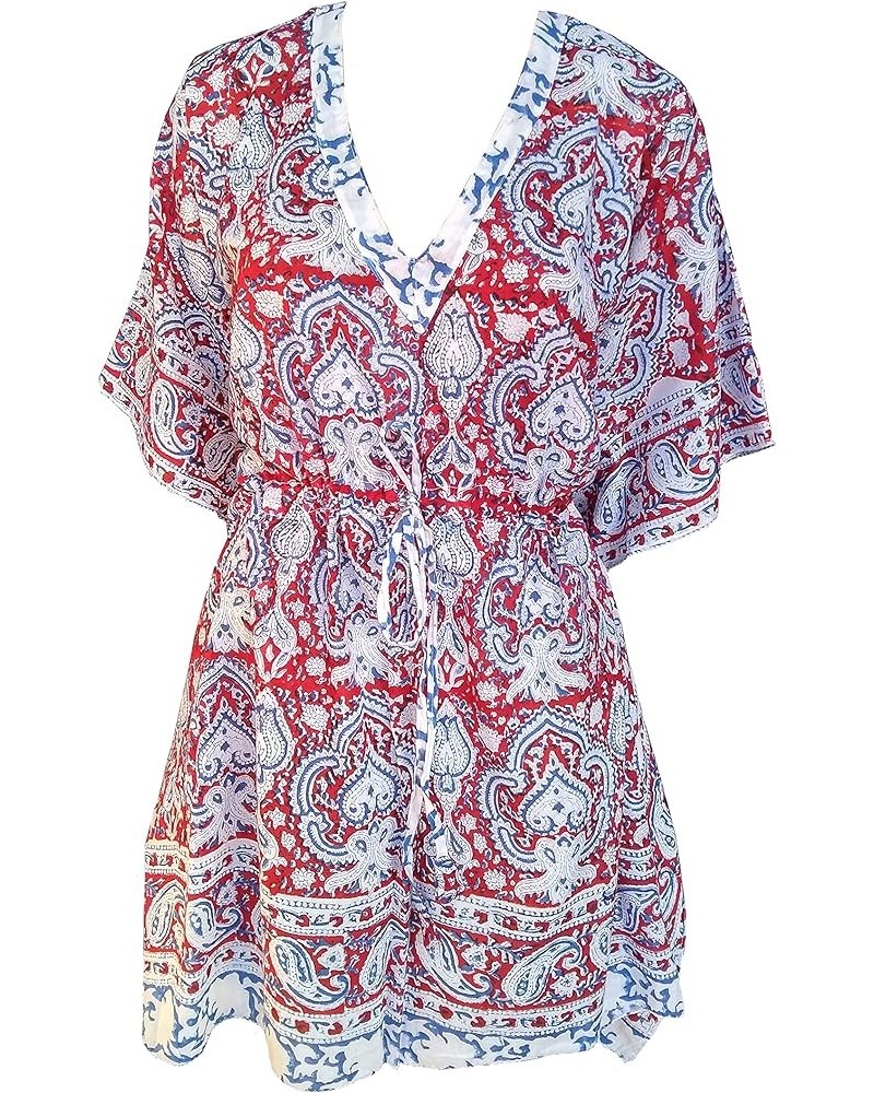 Cotton Hand Block Print Swimsuit Cover-up Beach Caftan Women's Print Red $14.75 Swimsuits