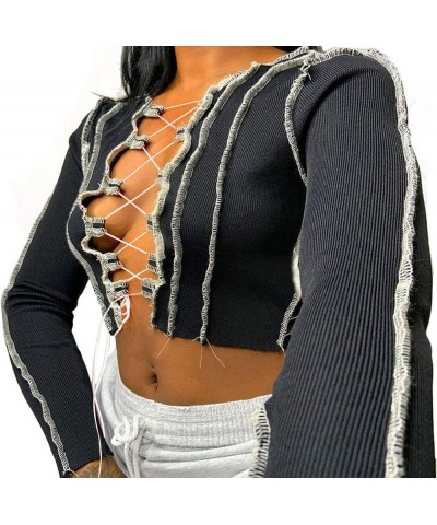 Women's Lace Up Front Long Sleeve Crop Tee Top Criss Cross Ribbed T-Shirt Top Black $11.59 T-Shirts