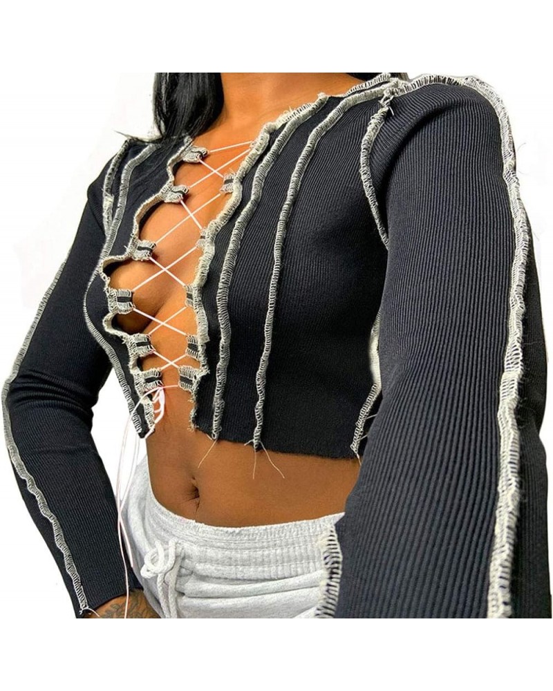 Women's Lace Up Front Long Sleeve Crop Tee Top Criss Cross Ribbed T-Shirt Top Black $11.59 T-Shirts