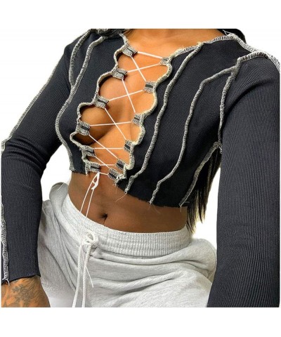 Women's Lace Up Front Long Sleeve Crop Tee Top Criss Cross Ribbed T-Shirt Top Black $11.59 T-Shirts