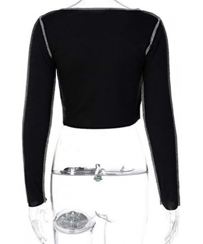 Women's Lace Up Front Long Sleeve Crop Tee Top Criss Cross Ribbed T-Shirt Top Black $11.59 T-Shirts