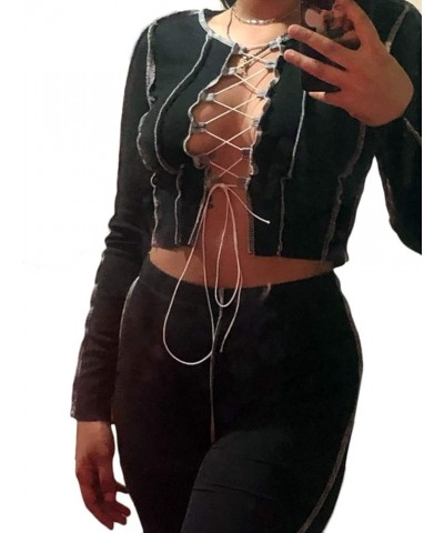 Women's Lace Up Front Long Sleeve Crop Tee Top Criss Cross Ribbed T-Shirt Top Black $11.59 T-Shirts