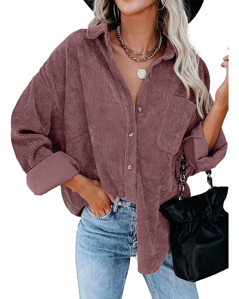 Women Corduroy Shirts Casual Long Sleeve Button Down Blouses Top U Dark Pink $19.60 Blouses