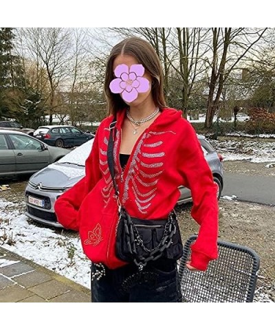 Women Zip Up Hoodie Halloween Skeleton Print Oversized Vintage Sweatshirts with Pocket Aesthetic Jacket Coat I-red $14.26 Hoo...