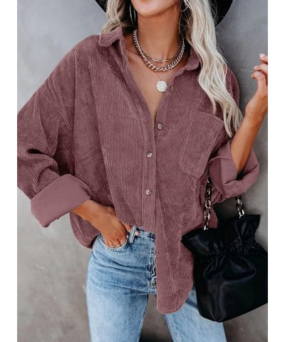 Women Corduroy Shirts Casual Long Sleeve Button Down Blouses Top U Dark Pink $19.60 Blouses