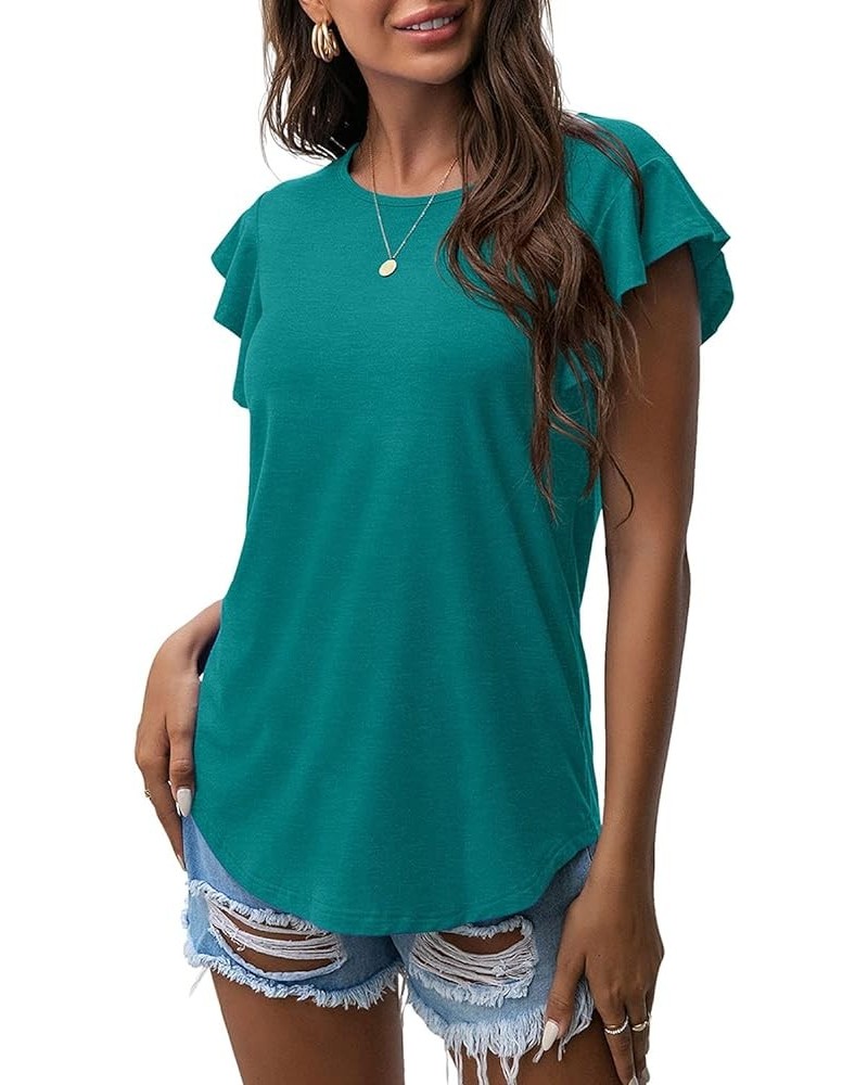 Women's Tops Summer Casual Ruffle Short Sleeves Knit Shirts Round Neck Tunic Top for Women 2024 Fashion Trend Blue Green $12....