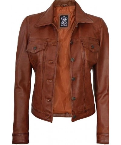 Women Trucker Brown Cognac Distressed Leather Jacket I Women Lambskin Brown Distresed Fernando Leather Jacket Brown Distresse...