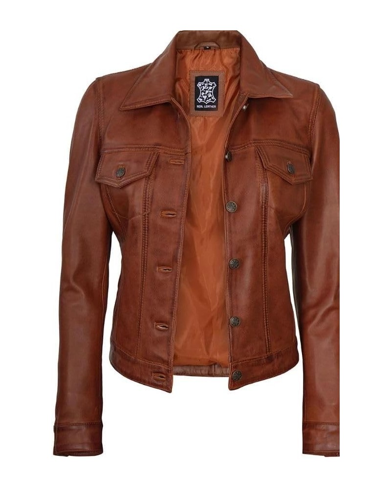 Women Trucker Brown Cognac Distressed Leather Jacket I Women Lambskin Brown Distresed Fernando Leather Jacket Brown Distresse...