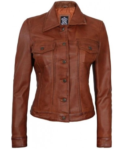 Women Trucker Brown Cognac Distressed Leather Jacket I Women Lambskin Brown Distresed Fernando Leather Jacket Brown Distresse...