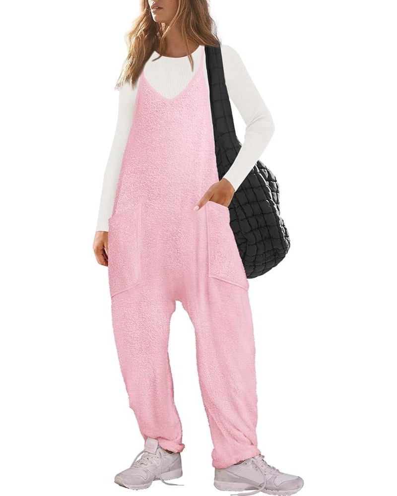 Womens Sherpa Overalls Fuzzy Fleece Jumpsuit Adjustable Straps Cozy Onesie with Pockets One Piece Pajamas Light Pink $22.43 J...