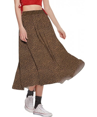 Women's Casual Contrast Polka Dot Chiffon Bohemia Swing Beach Midi A-Line Skirts Brown $17.39 Skirts