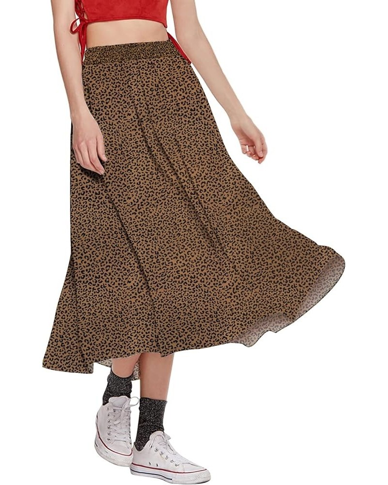 Women's Casual Contrast Polka Dot Chiffon Bohemia Swing Beach Midi A-Line Skirts Brown $17.39 Skirts