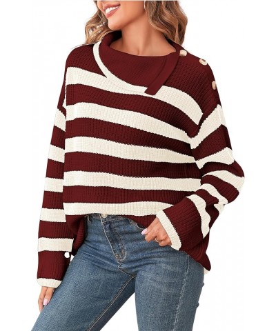 Women Striped Sweaters with Buttons Asymmetric Lapel Long Sleeves Causal Loose Knitted Pullover Jumper Tops 0-wine Red $11.25...