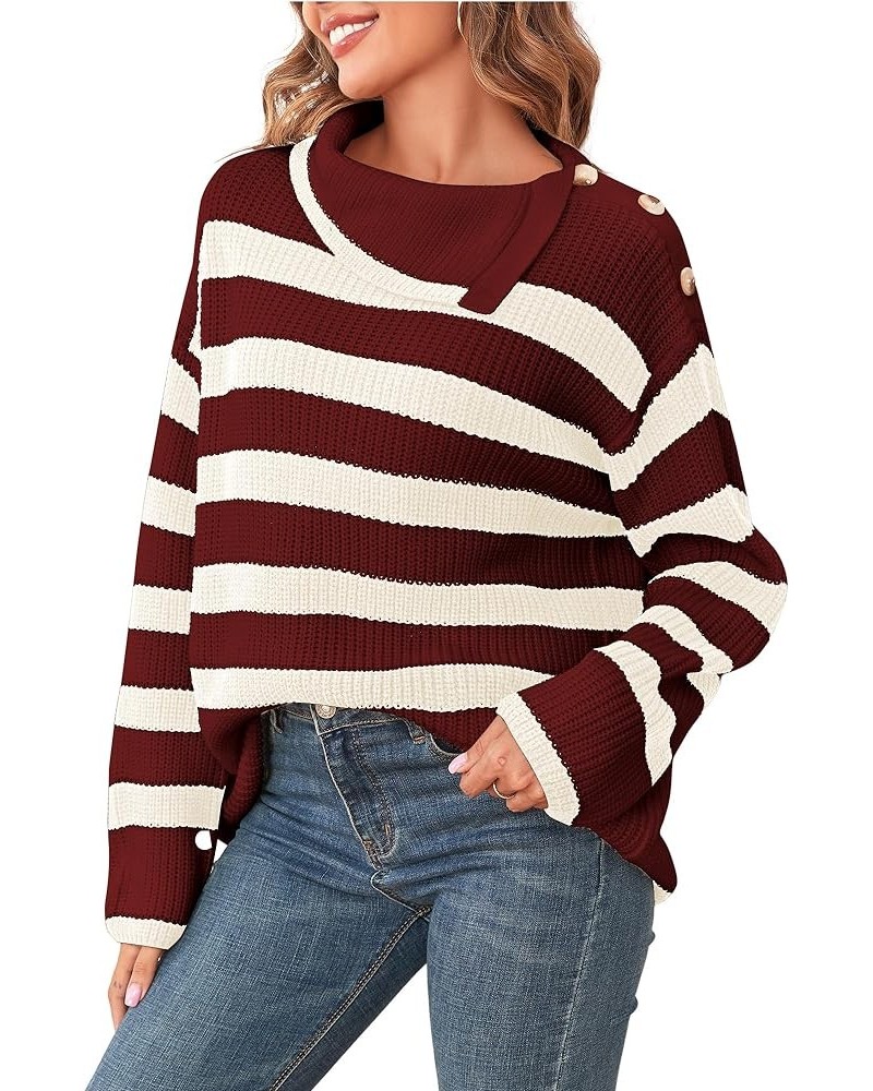 Women Striped Sweaters with Buttons Asymmetric Lapel Long Sleeves Causal Loose Knitted Pullover Jumper Tops 0-wine Red $11.25...