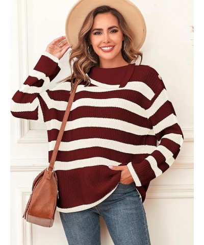 Women Striped Sweaters with Buttons Asymmetric Lapel Long Sleeves Causal Loose Knitted Pullover Jumper Tops 0-wine Red $11.25...