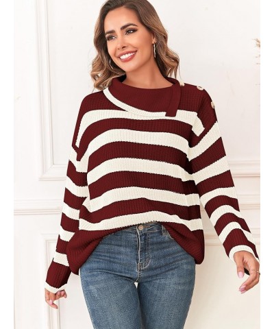 Women Striped Sweaters with Buttons Asymmetric Lapel Long Sleeves Causal Loose Knitted Pullover Jumper Tops 0-wine Red $11.25...