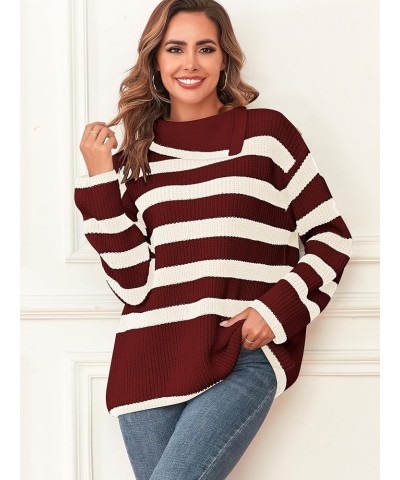 Women Striped Sweaters with Buttons Asymmetric Lapel Long Sleeves Causal Loose Knitted Pullover Jumper Tops 0-wine Red $11.25...