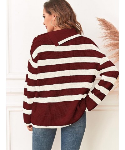 Women Striped Sweaters with Buttons Asymmetric Lapel Long Sleeves Causal Loose Knitted Pullover Jumper Tops 0-wine Red $11.25...