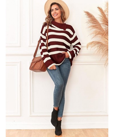 Women Striped Sweaters with Buttons Asymmetric Lapel Long Sleeves Causal Loose Knitted Pullover Jumper Tops 0-wine Red $11.25...