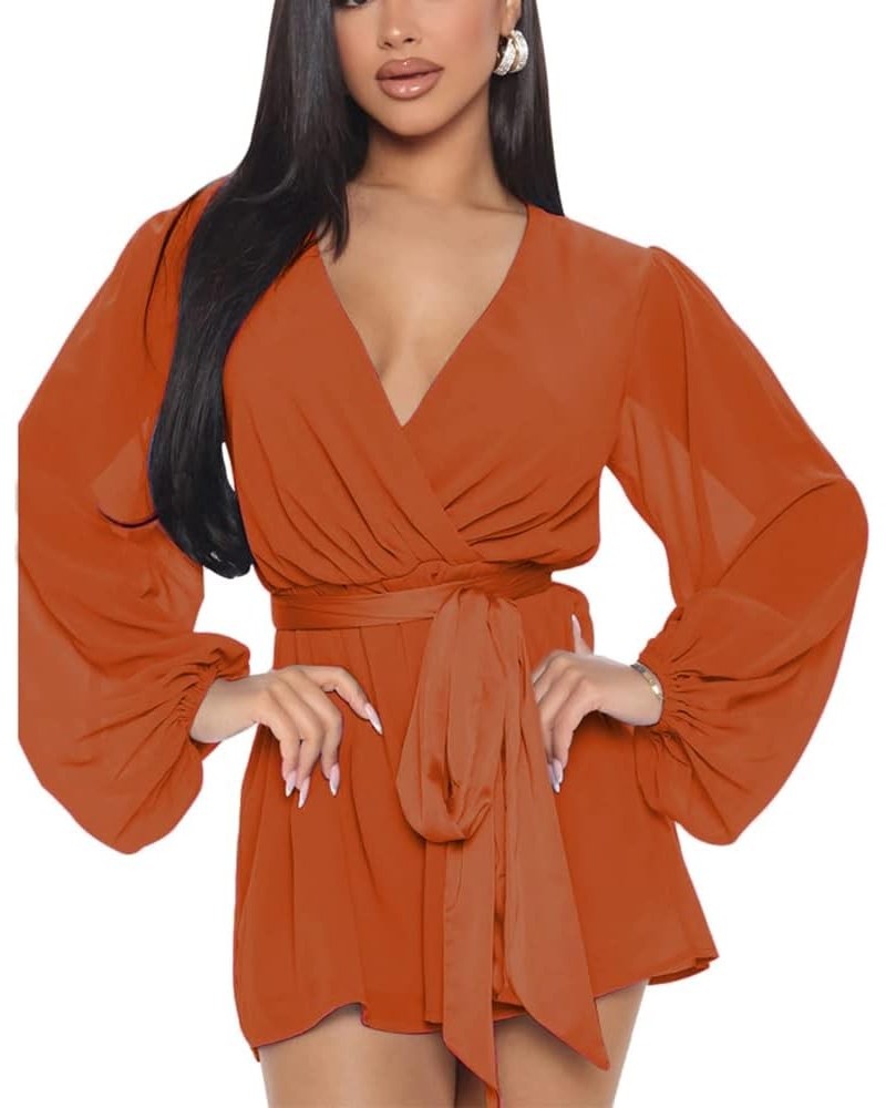 Women Long Sleeve Flowy Summer Romper Sexy V Neck Ruffle Boho Chiffon Shorts Jumpsuits Orange352 $15.36 Rompers