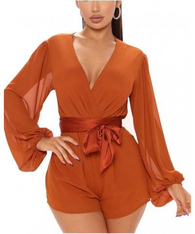 Women Long Sleeve Flowy Summer Romper Sexy V Neck Ruffle Boho Chiffon Shorts Jumpsuits Orange352 $15.36 Rompers