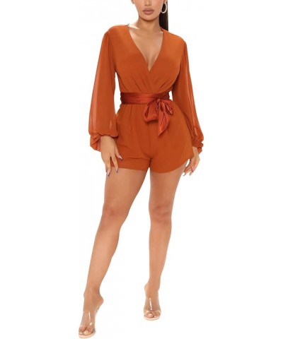 Women Long Sleeve Flowy Summer Romper Sexy V Neck Ruffle Boho Chiffon Shorts Jumpsuits Orange352 $15.36 Rompers