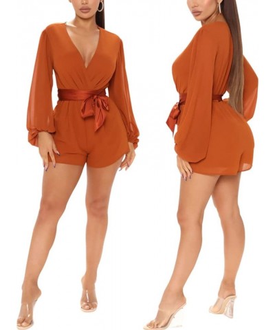 Women Long Sleeve Flowy Summer Romper Sexy V Neck Ruffle Boho Chiffon Shorts Jumpsuits Orange352 $15.36 Rompers