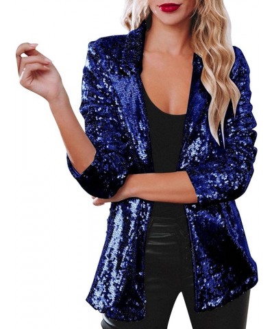 Winter Hood Women Sequins Blazer Sequin Jacket Casual Long Sleeve Glitter Party Shiny Lapel Coat Rave Pa-blue $17.16 Jackets