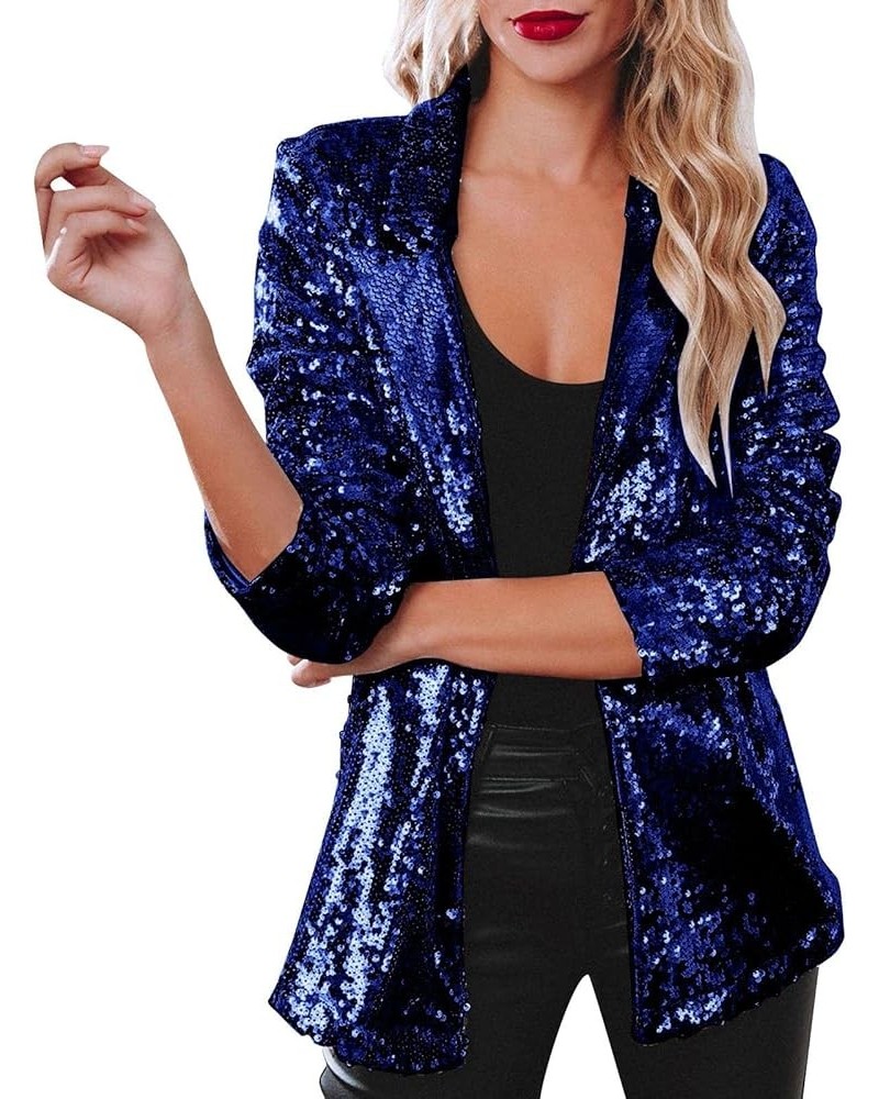 Winter Hood Women Sequins Blazer Sequin Jacket Casual Long Sleeve Glitter Party Shiny Lapel Coat Rave Pa-blue $17.16 Jackets