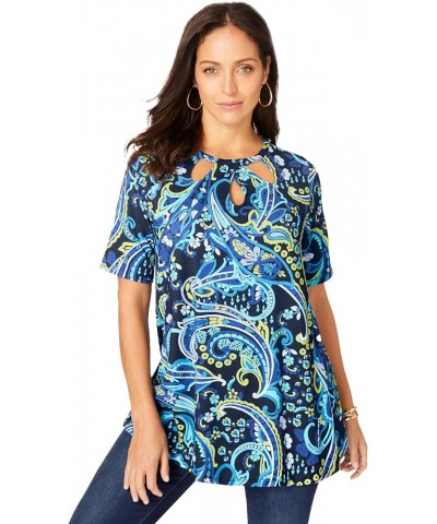 Women's Plus Size Cutout Swing Tunic Navy Painterly Paisley $24.57 Tops