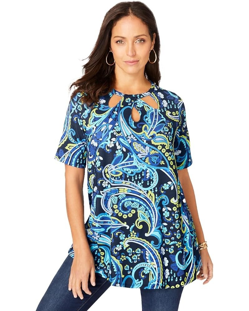 Women's Plus Size Cutout Swing Tunic Navy Painterly Paisley $24.57 Tops