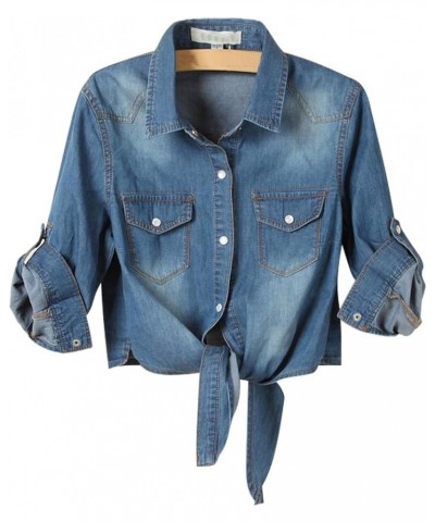 Women's Denim Shirts Casual Button Up 3/4 Sleeve Tie Front Jean Crop Tops Dark Blue $13.20 Blouses