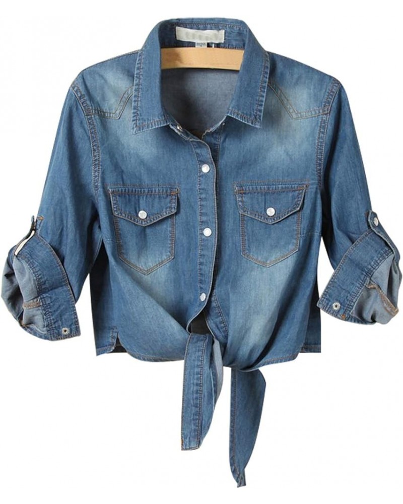 Women's Denim Shirts Casual Button Up 3/4 Sleeve Tie Front Jean Crop Tops Dark Blue $13.20 Blouses