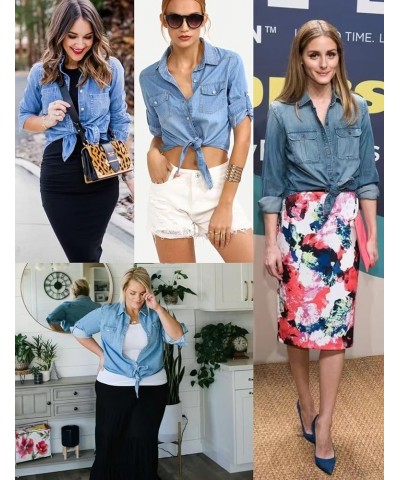 Women's Denim Shirts Casual Button Up 3/4 Sleeve Tie Front Jean Crop Tops Dark Blue $13.20 Blouses