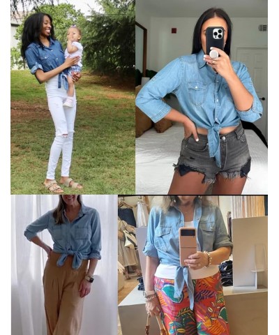 Women's Denim Shirts Casual Button Up 3/4 Sleeve Tie Front Jean Crop Tops Dark Blue $13.20 Blouses