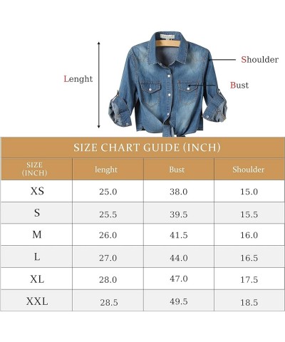 Women's Denim Shirts Casual Button Up 3/4 Sleeve Tie Front Jean Crop Tops Dark Blue $13.20 Blouses